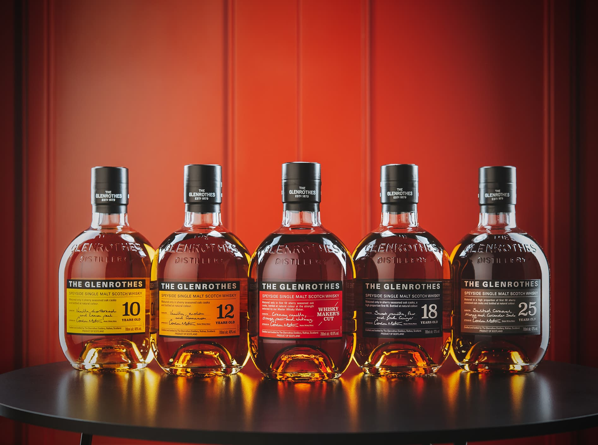 The Glenrothes whisky bottles showing vintage and age-stated packaging styles