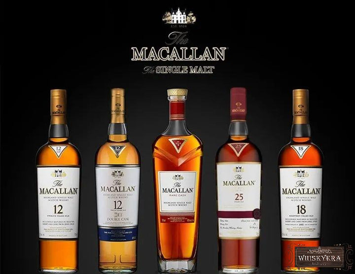 A line-up of Macallan whiskies with different age statements