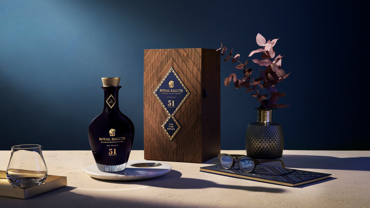 Royal Salute ceramic whisky decanters with pouches and boxes